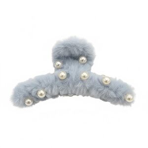 Faux Fur Pearl Hair Clip - Light Gray